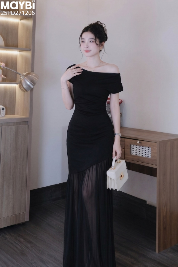 Đầm lệch vai nhún kiểu dáng maxi