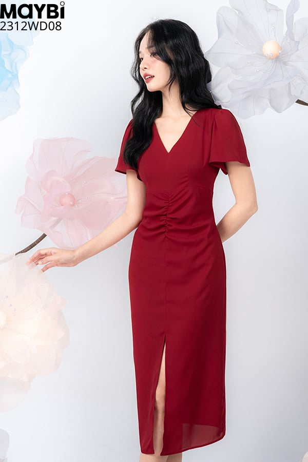 Đầm midi ôm voan cát phối nhún trang trí