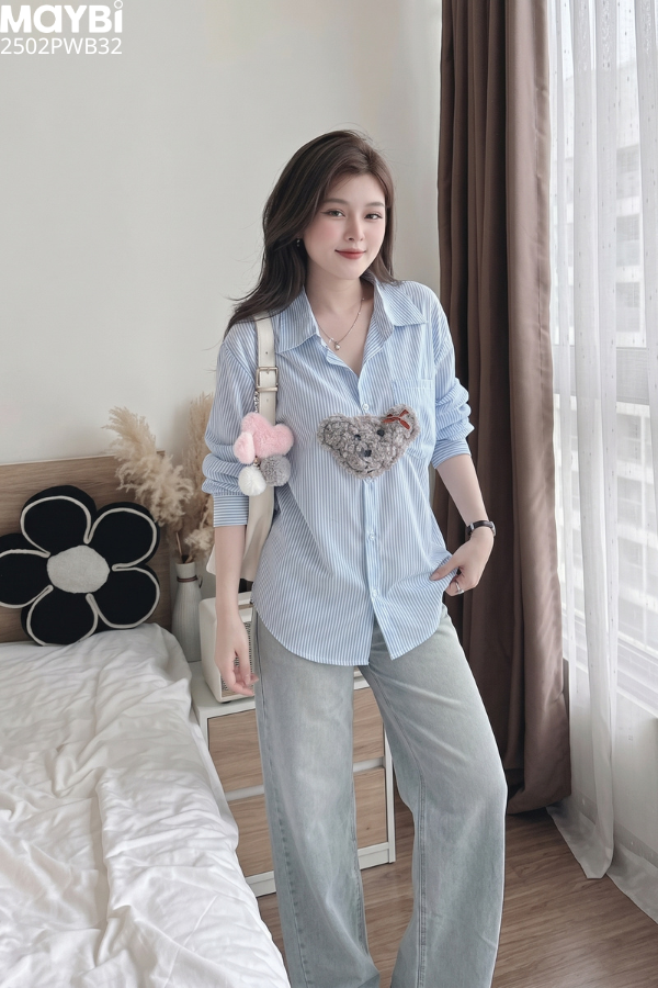 Quần jean ống suông phối nơ trang trí