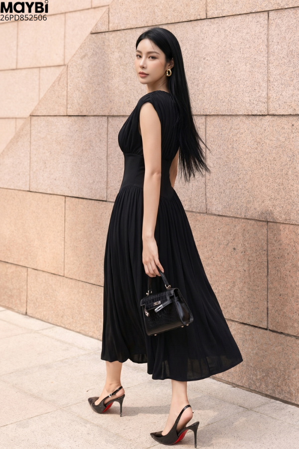 Đầm thun maxi đen nhún tùng xòe