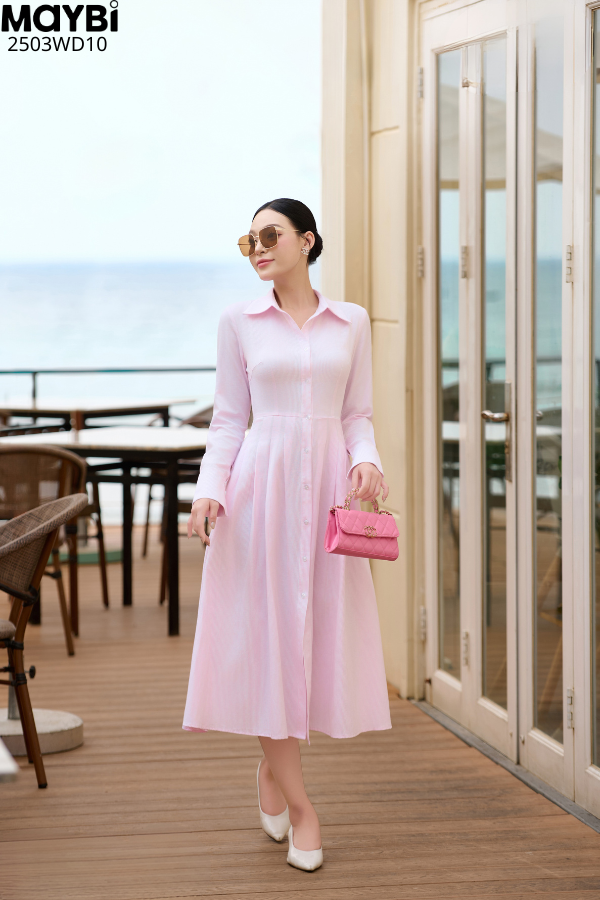 Đầm sơ mi ford sọc dài tay dáng midi