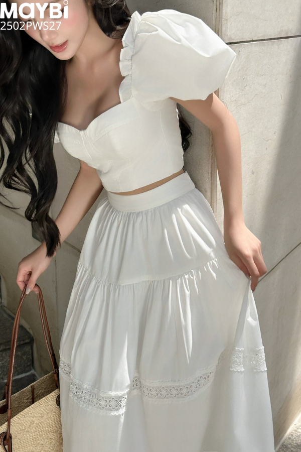 Set áo kiểu chân váy xòe phối ren dáng maxi trắng