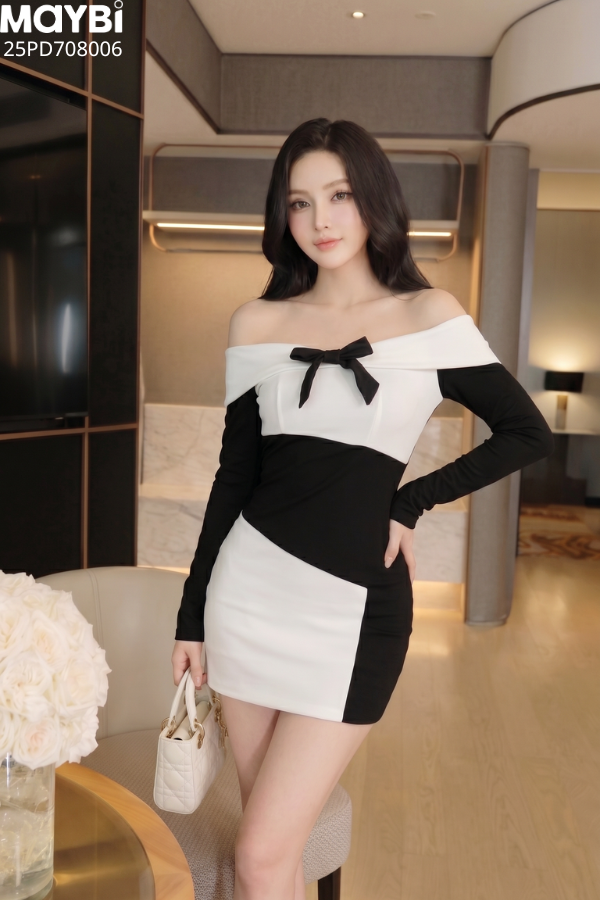 Đầm thun ôm trễ vai dài tay dáng mini