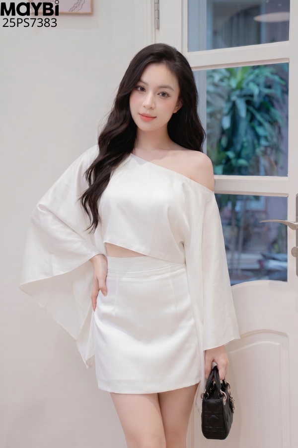 Set áo kiểu lệch vai chân váy A dáng mini