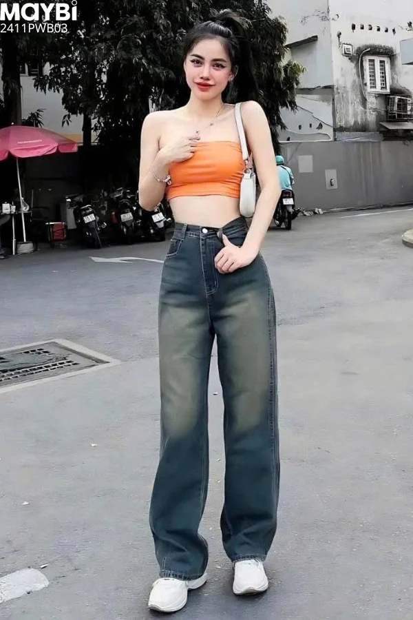 Quần jean ống suông wash màu xanh đậm