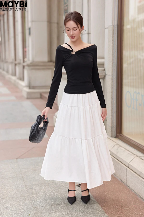 Chân váy xòe nhún tầng midi cotton