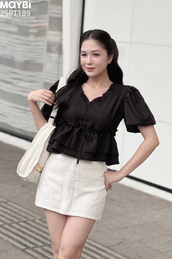 Áo kiểu tay bí phồng rút nhún eo
