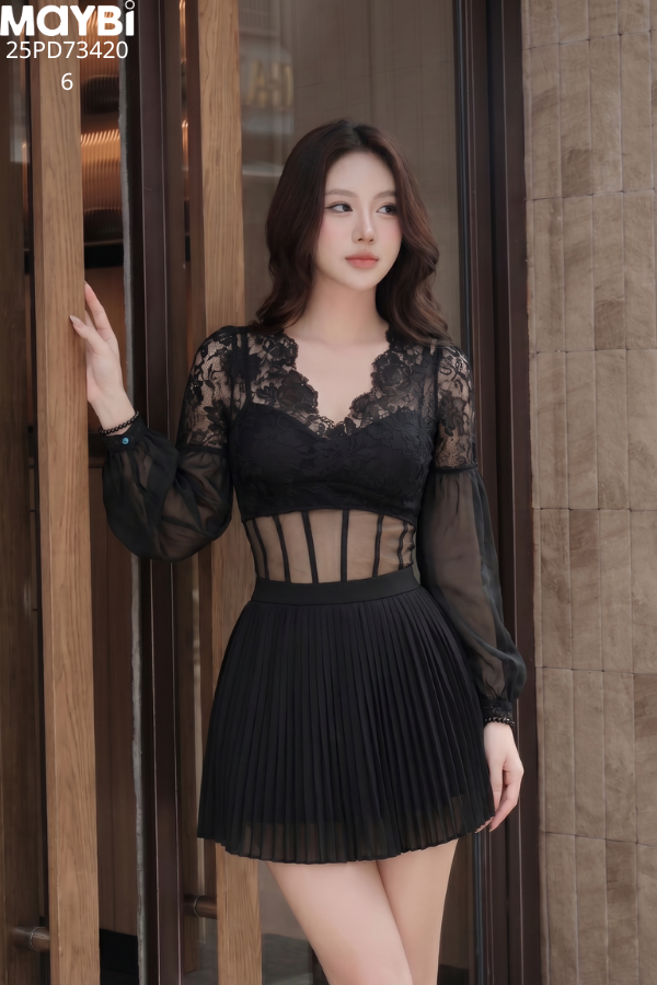 Đầm xòe xếp ly phối ren dáng mini