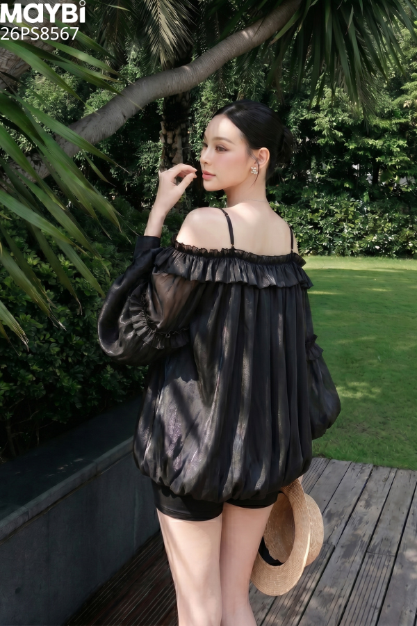 Set áo bẹt vai tằm ánh và quần short tafta Serena