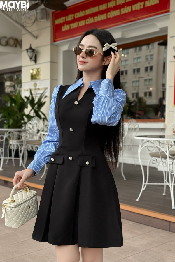 Đầm xòe cotton đen phối cổ sơ mi dáng mini