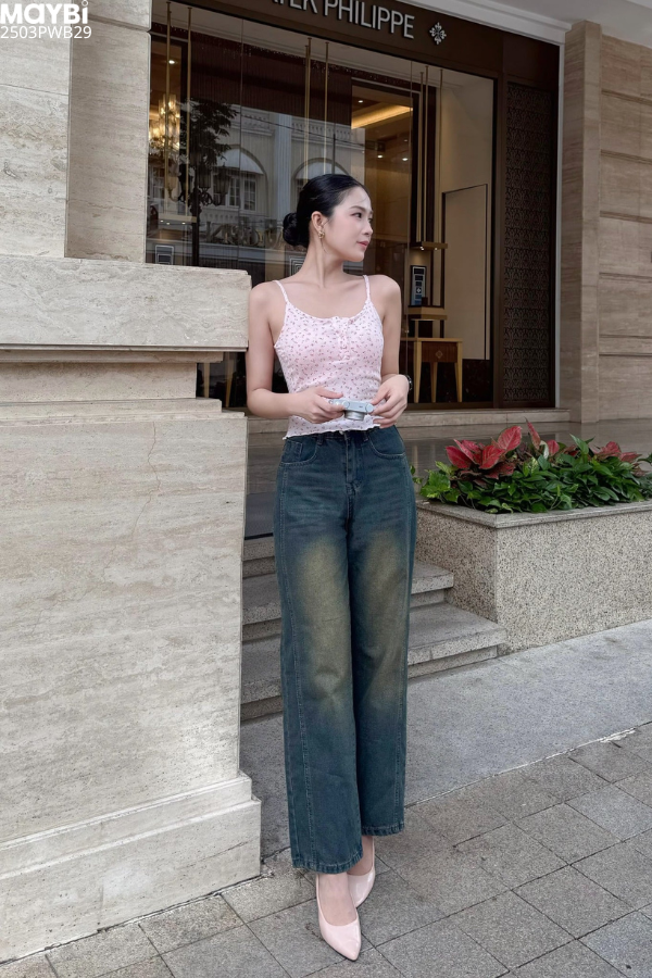 Quần jean ống suông xanh đen cạp cao