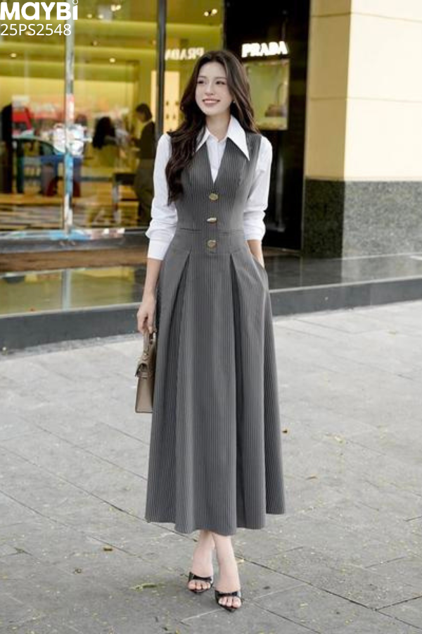 Set áo sơ mi phối đầm xòe dáng midi