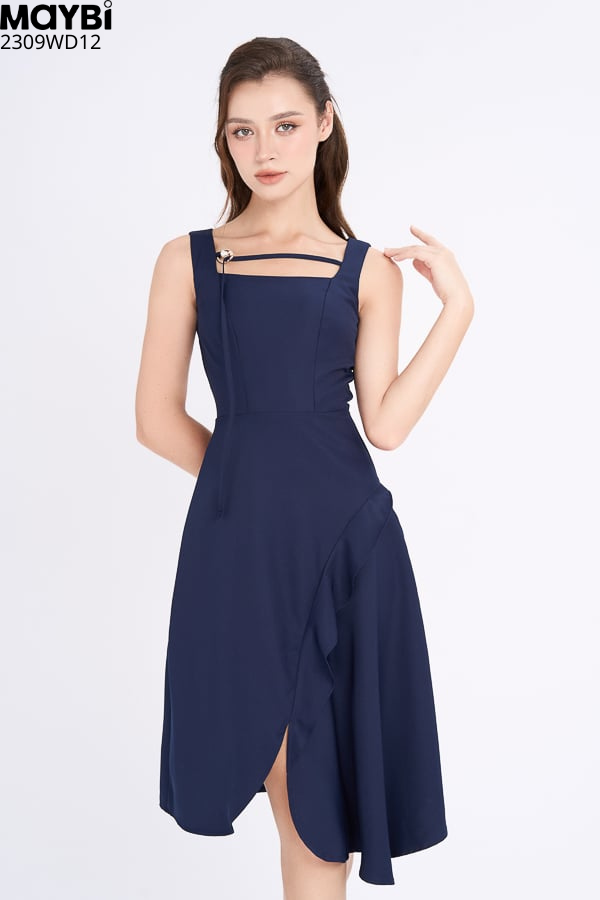 Đầm midi chữ A cotton lạnh phối bèo trang trí tùng
