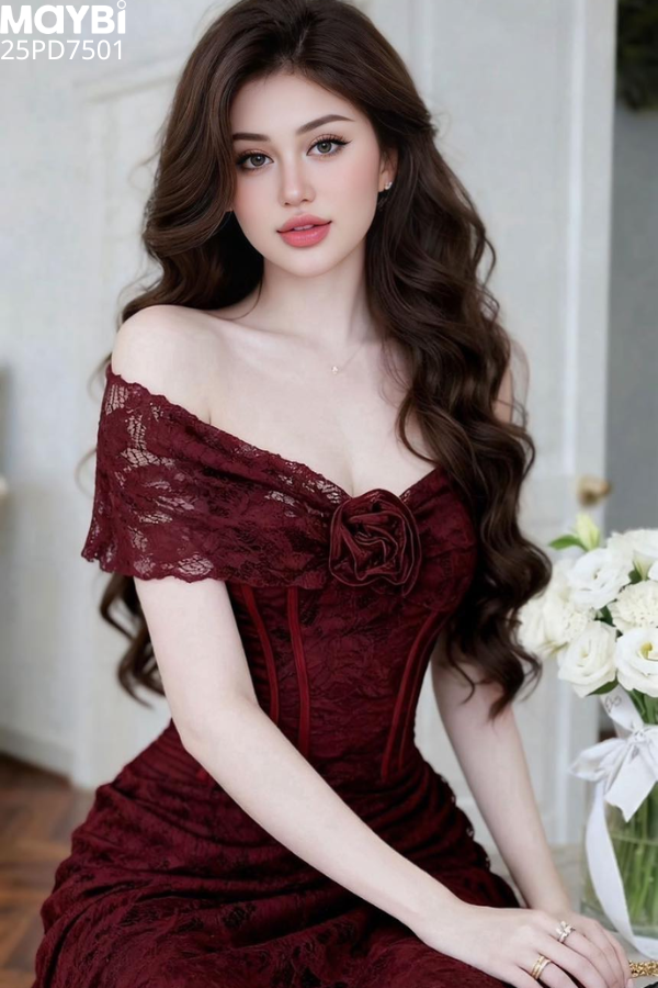 Đầm ren ôm bẹt vai đính hoa dáng mini