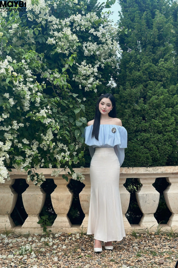 Chân váy đuôi cá cotton hàn kem dáng midi