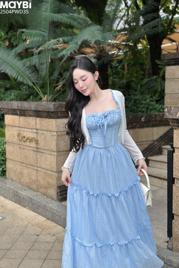 Đầm hai dây nhún xòe dáng midi (có kèm áo như hình)