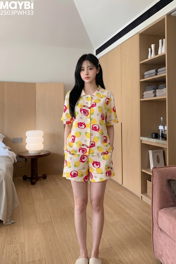 Bộ pyjama ngắn suông ngắn tay cotton in hình gấu dâu