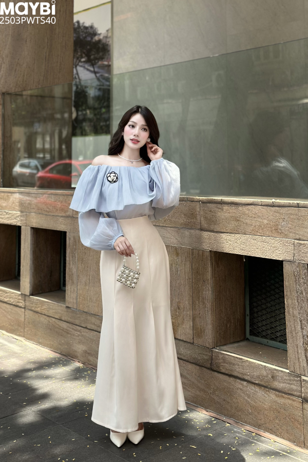 Áo kiểu bẹt vai voan xanh tay dài