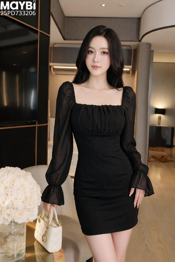 Đầm ôm cổ vuông tay phối voan dáng mini