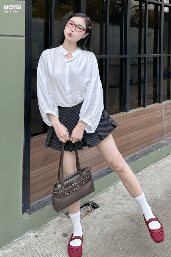 Set Áo sơ mi kiểu tay phồng chân váy xếp ly