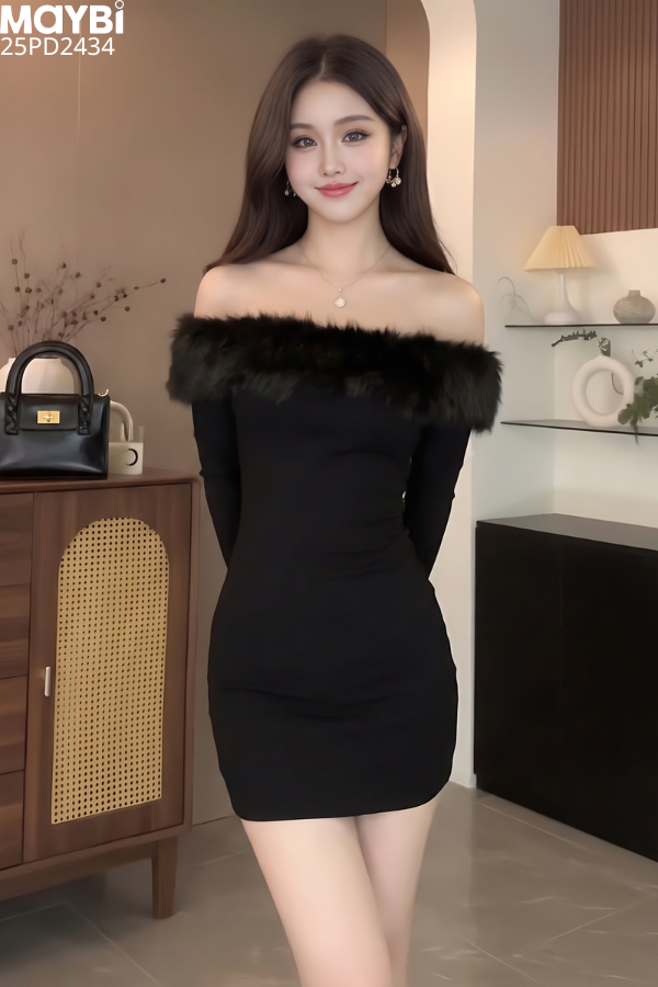 Đầm thun ôm trễ vai phối lông dáng mini