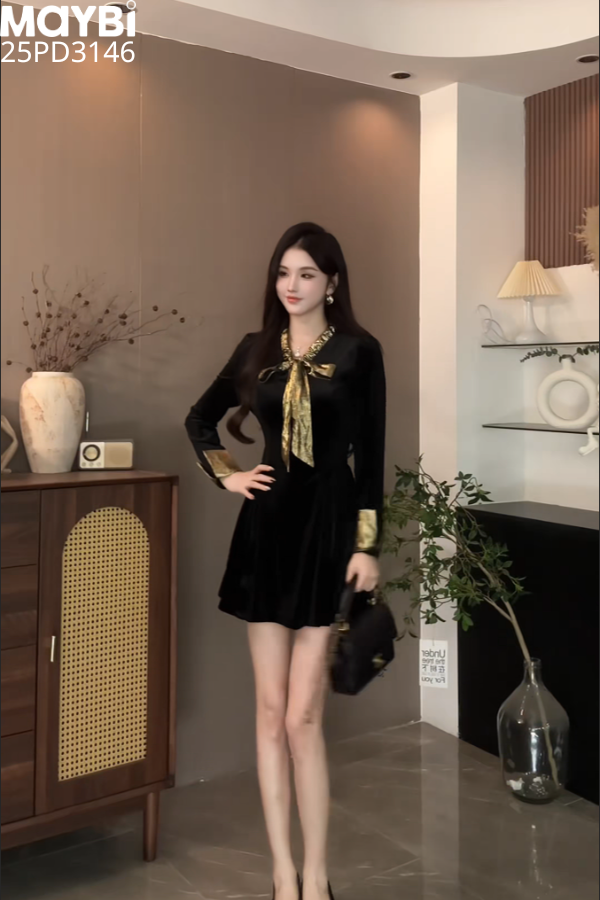 Đầm xòe dài tay cổ thắt nơ dáng mini