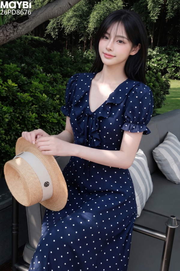 Đầm cổ V tay bo dáng xòe dài