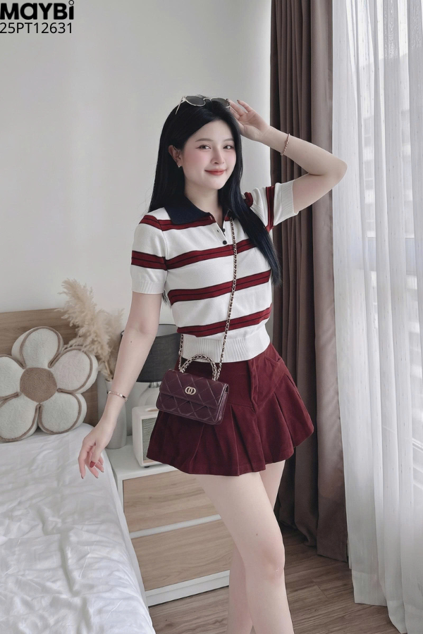 Set áo polo dệt kim chân váy kaki