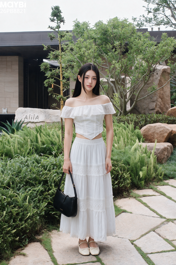 Chân Váy Dáng Dài Cotton Phối Ren Elara