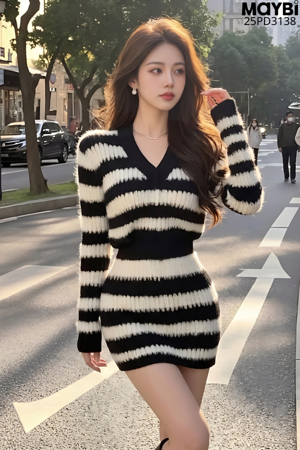Đầm dệt kim sọc cổ V