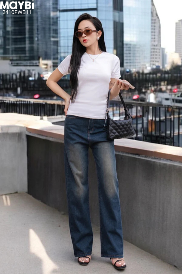 Quần jean ống suông cạp cao wash