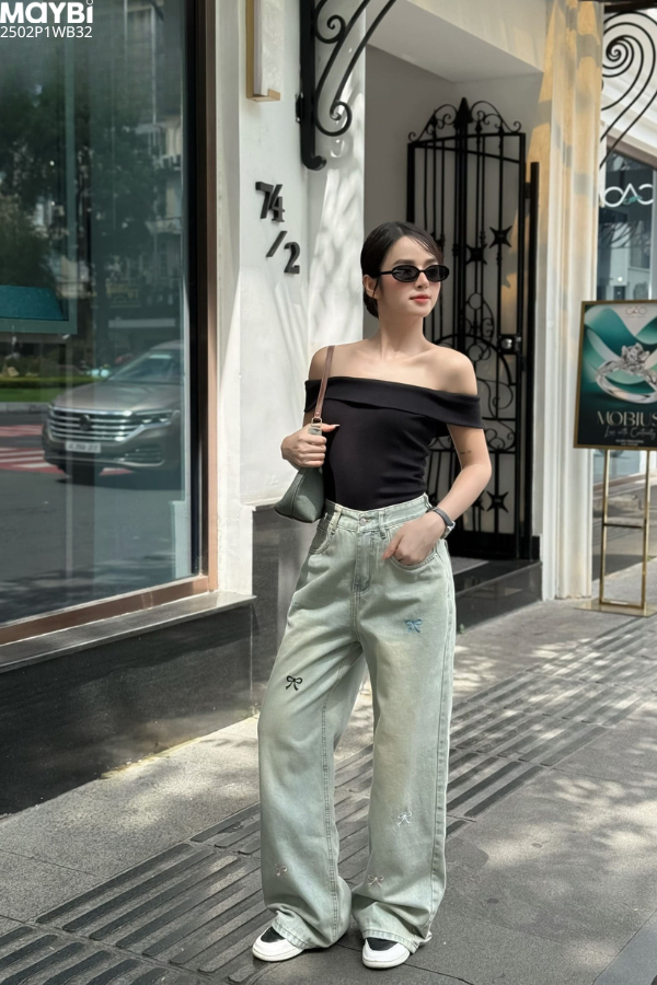 Quần jean ống suông phối nơ trang trí