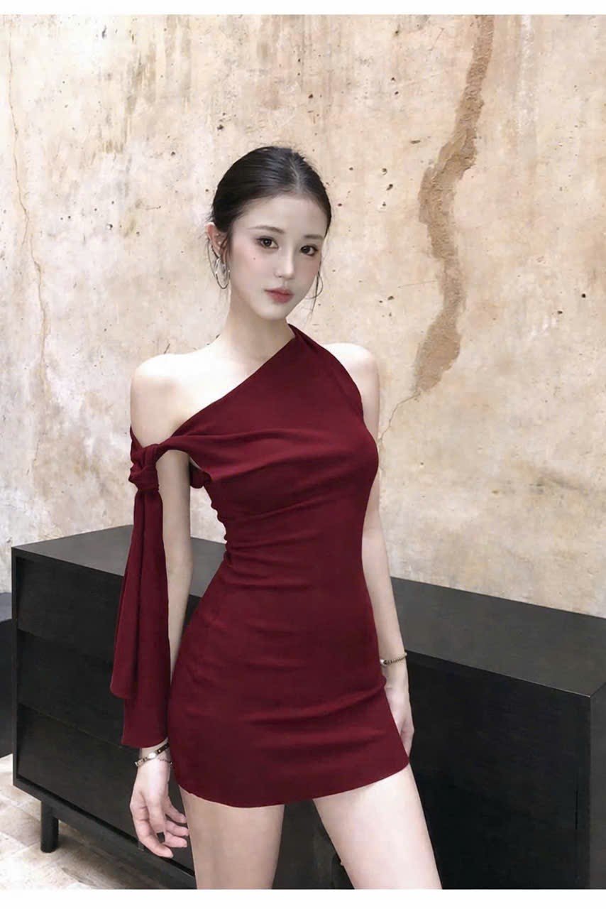 Đầm thun ôm lệch vai buộc nơ dáng mini