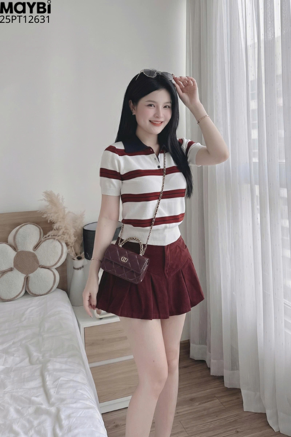 Set áo polo dệt kim chân váy kaki