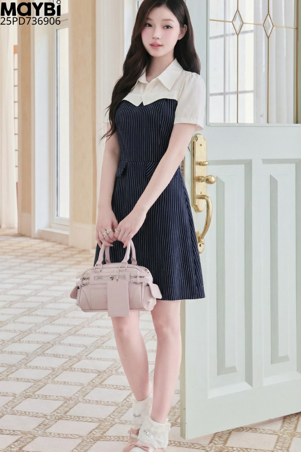 Đầm xòe sọc phối trắng ngắn tay dáng midi