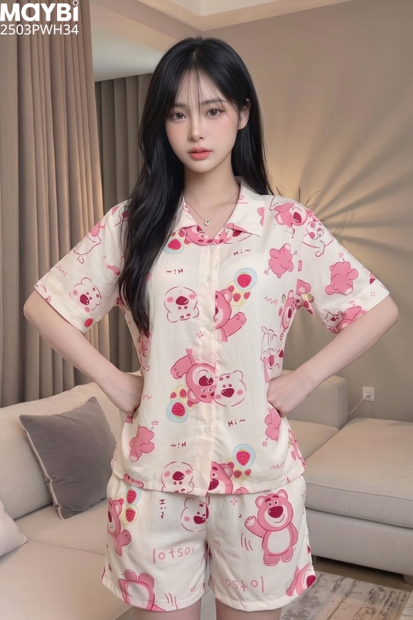 Bộ pyjama ngắn suông ngắn tay cotton họa tiết gấu dâu losta