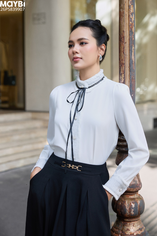 Set áo sơ mi phối bố và chân váy dài xếp ly Éloise Set