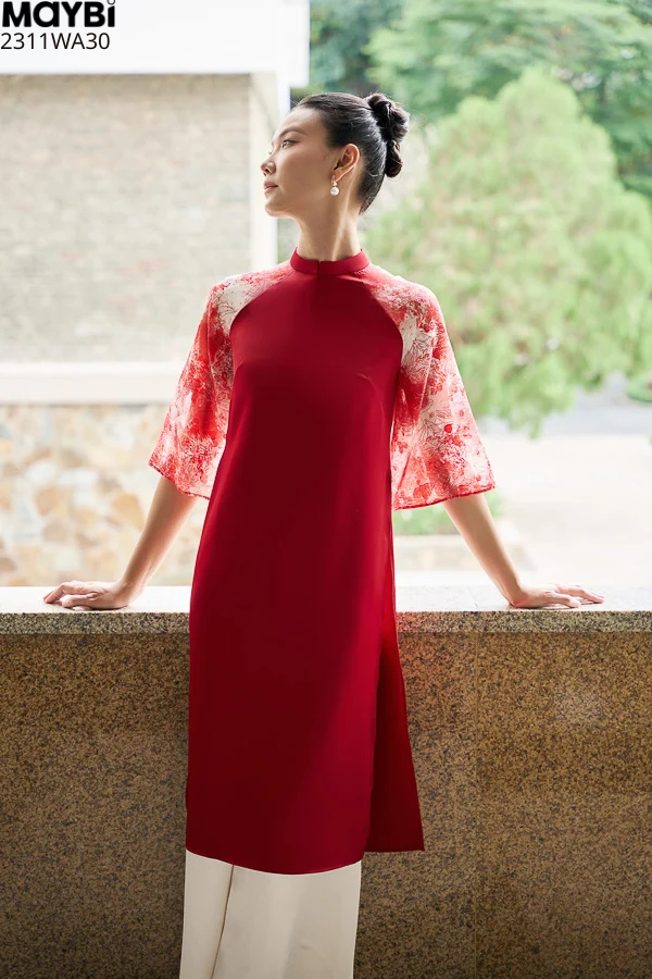 Áo dài suông lụa sóng phối tay voan họa tiết