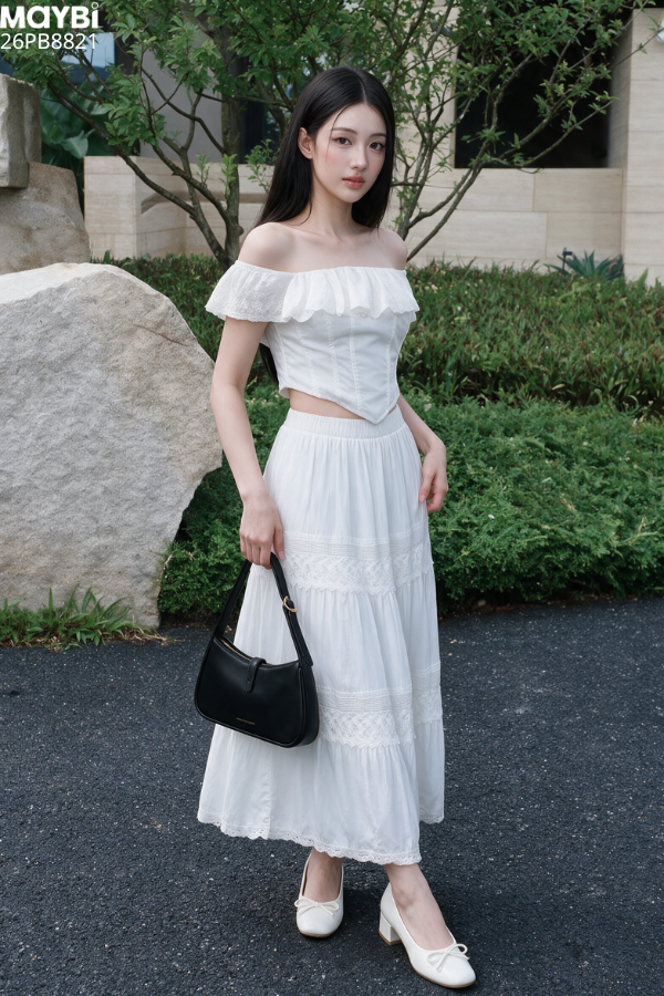Chân Váy Dáng Dài Cotton Phối Ren Elara