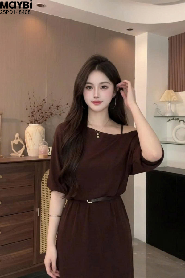 Đầm thun hai dây midi kèm áo