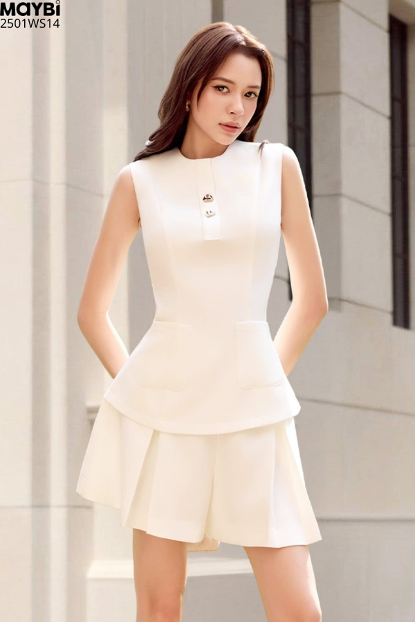 Set áo peplum cotton thái phối quần short ống rộng chiết ly trước