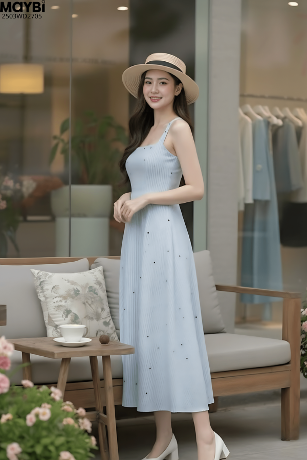 Đầm xòe sọc xanh in nơ hai dây dáng midi