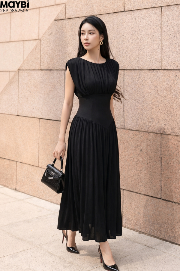 Đầm thun maxi đen nhún tùng xòe