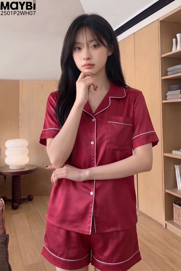 Bộ pyjama ngắn suông lụa tay ngắn viền