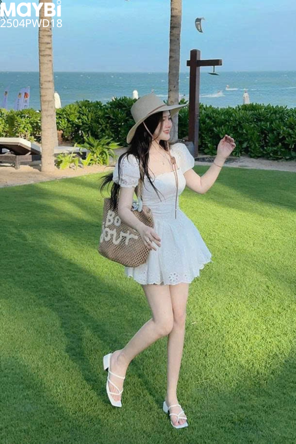 Đầm ôm tùng nhún xòe cotton thêu tay bí dáng mini