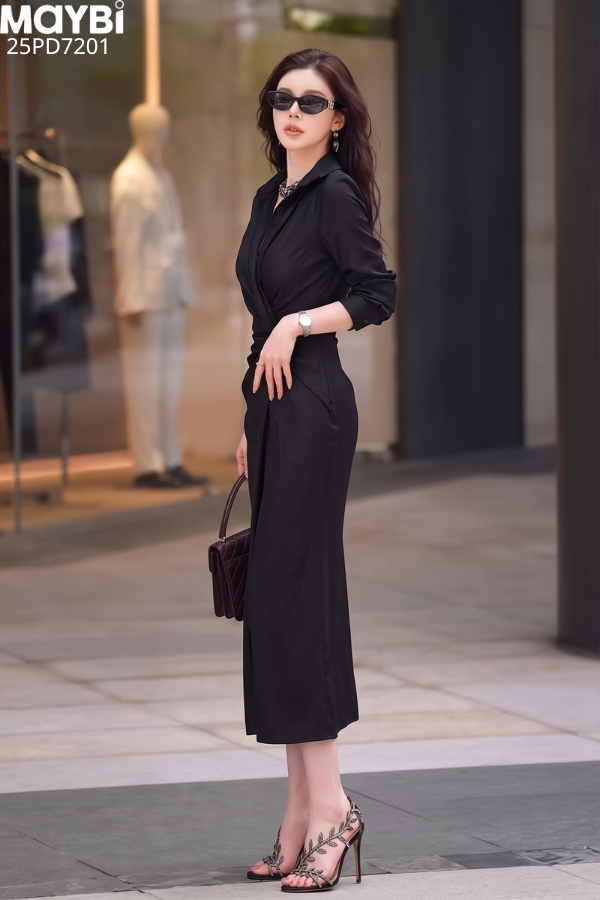 Đầm sơ mi dài tay dáng midi