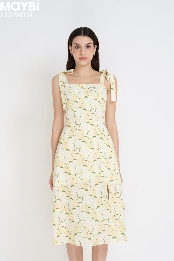 Đầm midi suông lụa cotton in hoa xẻ tà