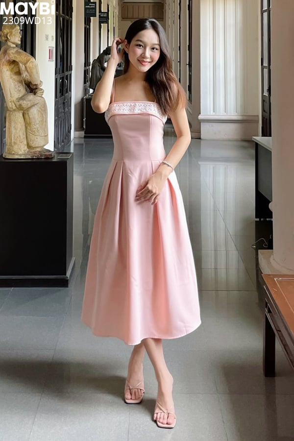 Đầm midi xòe bố len phối ren trắng