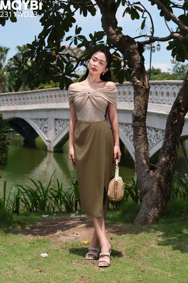 Chân váy xếp ly midi cotton lạnh chéo tà