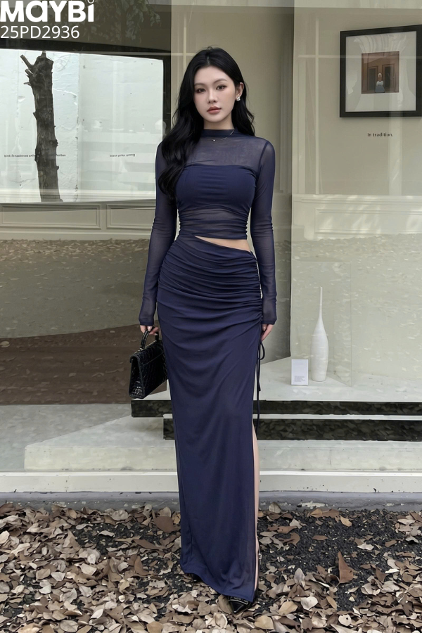 Đầm thun lưới rút dây dài tay